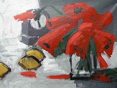 Still life long poppies and clock by  Unknown
